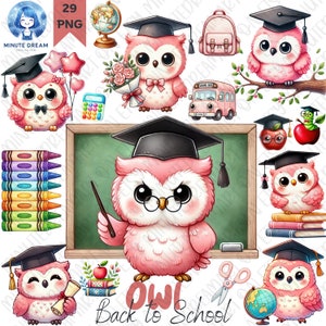 Cute Owl Clipart, Back to School clipart, Cute Pink Graduation owl ,  watercolor sublimation, Academic Celebration