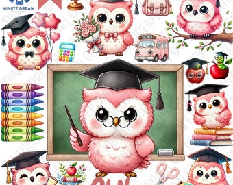 Clipart hibou mignon, clipart retour à l'école, hibou rose mignon de remise des diplômes, sublimation aquarelle, célébration académique