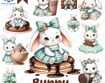 Clipart coniglietto di cioccolato alla menta: vestito a quadretti acquerello (download digitale PNG)