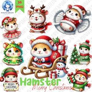 Puede incluir: Un conjunto de diez imágenes de clipart digital que presentan adorables hamsters de dibujos animados vestidos con atuendos navideños festivos. Los hámsters llevan gorros de Papá Noel, cuernos de reno y suéteres navideños. Están sosteniendo regalos, montando un trineo y decorando un árbol de Navidad. Las imágenes son perfectas para crear tarjetas navideñas, invitaciones y otras manualidades festivas.