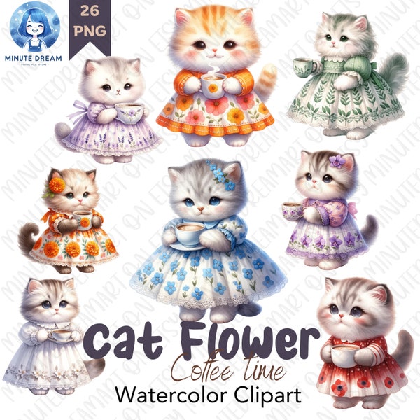 cute Kitten Clipart, chubby Cat in flower Dress, Watercolor sublimation, holding a coffee mug, coffee cup clipart