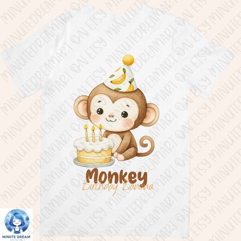 Może przedstawiać: Aquarela przedstawiająca małpę w czapce urodzinowej trzymającą tort urodzinowy ze świeczkami. Pod małpą widnieje napis "Monkey Birthday Banana".