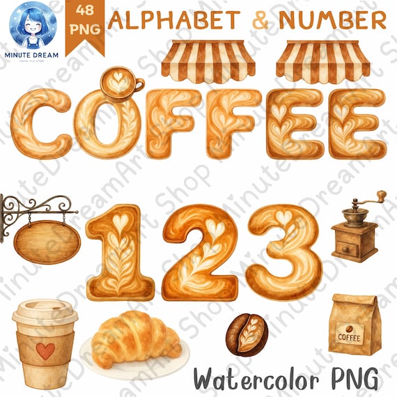 Coffee Latte Alphabet and Numbers Clipart, Watercolor Sublimation