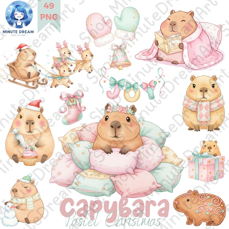 Capybara Pastel Christmas Clipart, Cute Holiday Animal Png, Cozy Winter ...