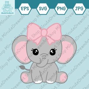 Può includere: Un elefante grigio con orecchie rosa e un fiocco rosa. L'elefante è seduto con le gambe incrociate e ha una piccola proboscide.