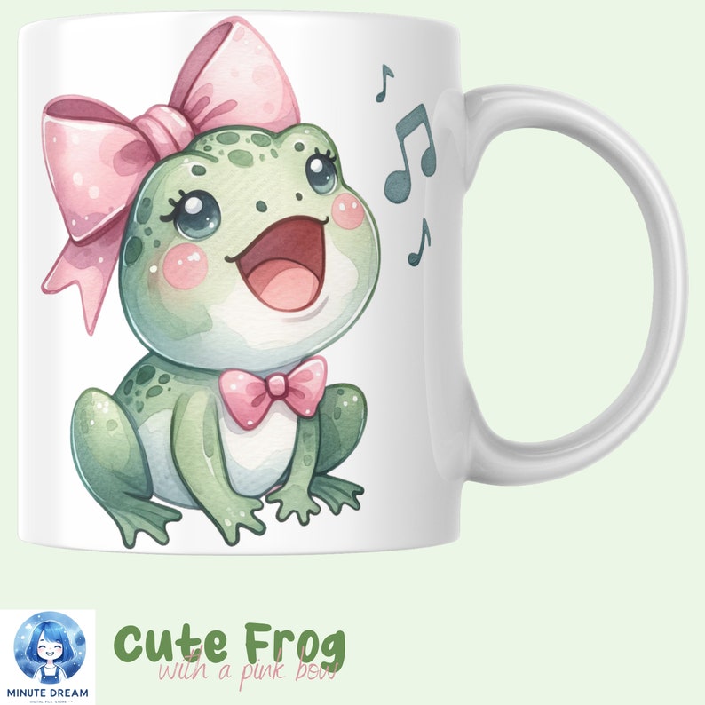 May include: White ceramic mug with a cartoon illustration of a green frog wearing a pink bow and a pink bow tie. The frog is singing and musical notes are in the background. The text "Cute Frog with a pink bow" is at the bottom of the mug.