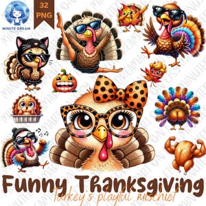 lustige Danksagung Clipart, lustige Truthahn PNG, Geschenk für KINDER, Aquarell Sublimation, Geschenk für Kind, Kinderzimmer Dekor, die spielerischen Unfug der Türkei
