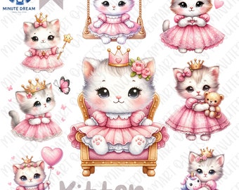 Cute kitten Clipart, little cat png, pink princess,  watercolor sublimation, gift for girl, animal swing, heart balloon, look butterfly