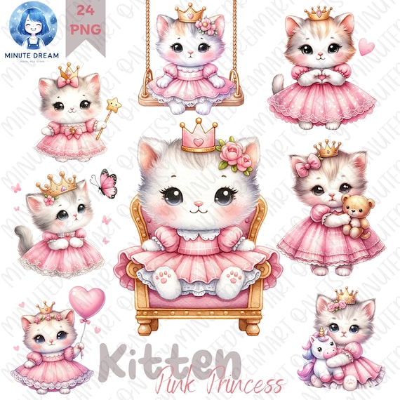 Cute kitten Clipart, little cat png, pink princess,  watercolor sublimation, gift for girl, animal swing, heart balloon, look butterfly