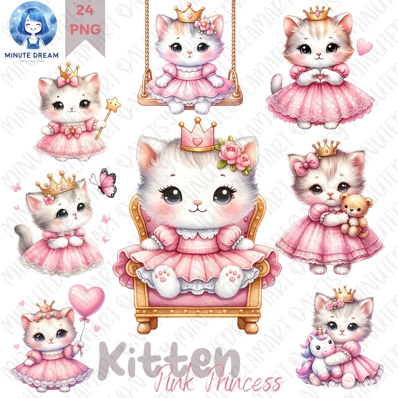 May include: A set of 8 digital illustrations of cute kittens dressed as princesses. Each kitten is wearing a pink dress, a crown, and has a different pose. The illustrations are perfect for use in scrapbooking, card making, or other creative projects.