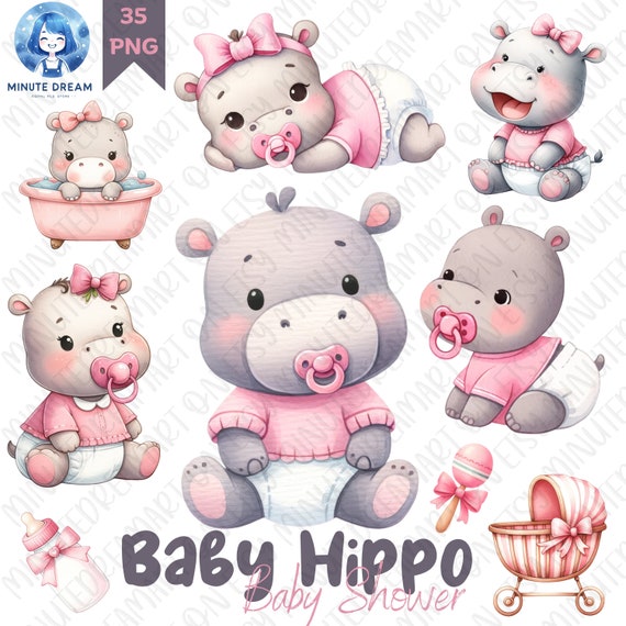 Baby Hippo Clipart: Watercolor Pink Bow, Pacifier (PNG Files)