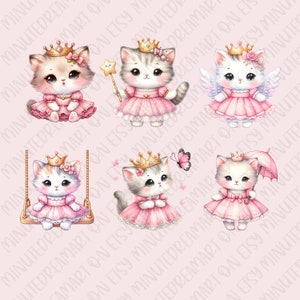 May include: Six digital illustrations of cute cartoon cats wearing pink dresses and crowns. The cats are in various poses, including sitting on a swing, holding a wand, and holding an umbrella.