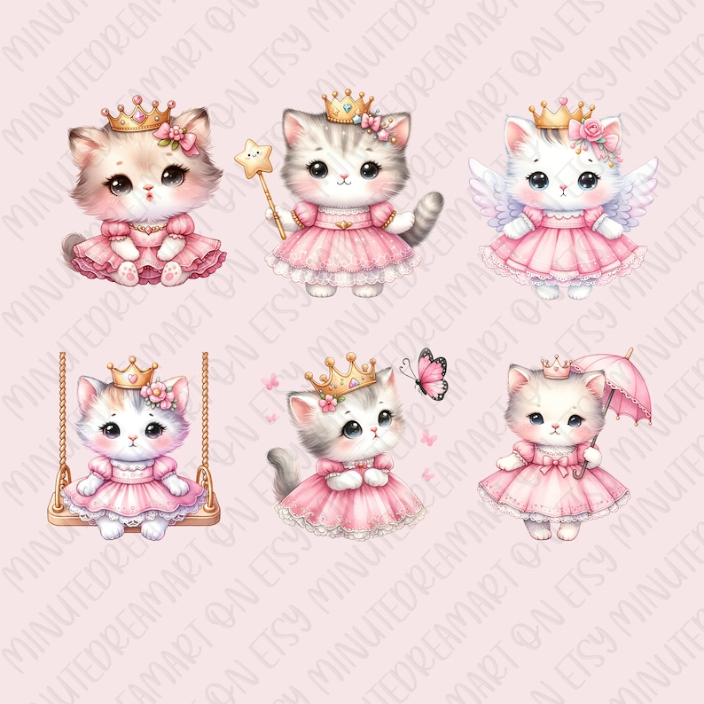 May include: Six digital illustrations of cute cartoon cats wearing pink dresses and crowns. The cats are in various poses, including sitting on a swing, holding a wand, and holding an umbrella.