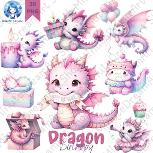 May include: A collection of watercolor illustrations featuring adorable pink and white dragons. Some dragons hold gifts, balloons, and a banner that reads "Happy Birthday." The image includes a cupcake and a candle.