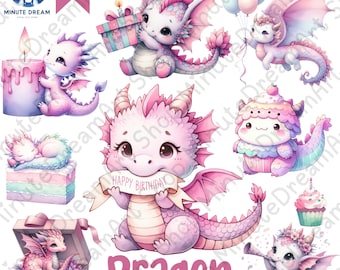Dragon Birthday Clipart: Watercolor Baby Dragons, Cake & Balloons (PNG Digital Download)