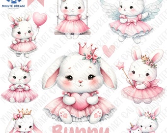 Cute Bunny Clipart, pink Princess png,  watercolor sublimation, gift for Girl, animal crown, fantasy, baby rabbit, nursery, Birthday
