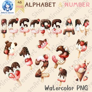 Imágenes prediseñadas de alfabeto y números de helado, letras PNG de verano tropical, sublimación de acuarela, linda paleta de vainilla, fresa y chocolate
