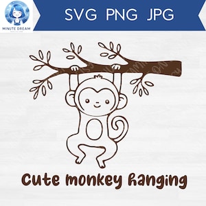 Op de afbeelding: Een schattige cartoon-aap die aan een tak hangt. De aap is bruin en heeft een vrolijke uitdrukking. De tekst "Cute monkey hanging" staat onder de aap.