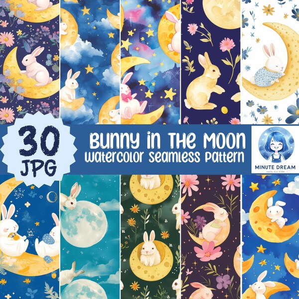 Easter Bunny Seamless Pattern, Bunny in the Moon, Watercolor Sublimation, Background 4000 x 4000 px, Digital Paper JPG 300 DPI,