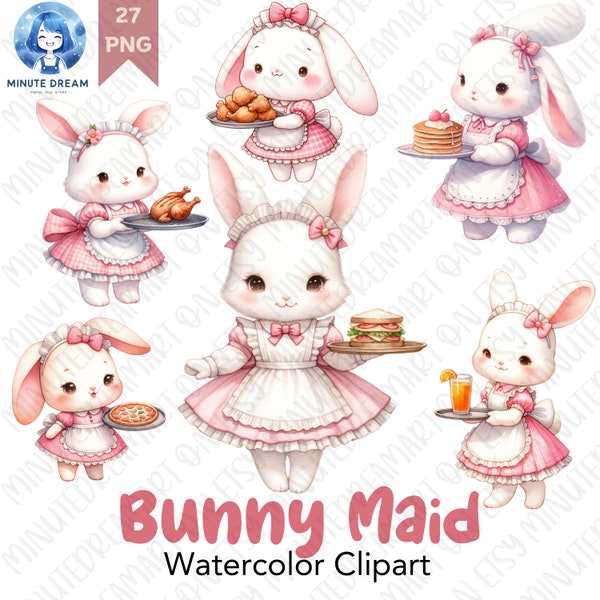 Bunny Maid Clipart, Fast Food Clipart, Rabbit maid waiter, Watercolor Sublimation, Pizza, wine, icecream, bakery, food & drink