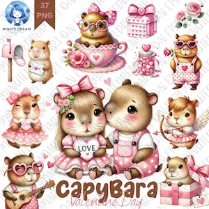 Lindo capibara San Valentín Clipart, regalo para niños, sublimación de acuarela, pareja de animales png, día de San Valentín rosa, flor rosa, regalo, carta