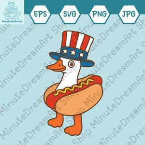 Lustige Vaterländische Gans Hot Dog SVG, 4. Juli Gans Clipart, PNG, JPG, Schnittdatei für Cricut, USA Hut und Senfbrötchen für Grillparty