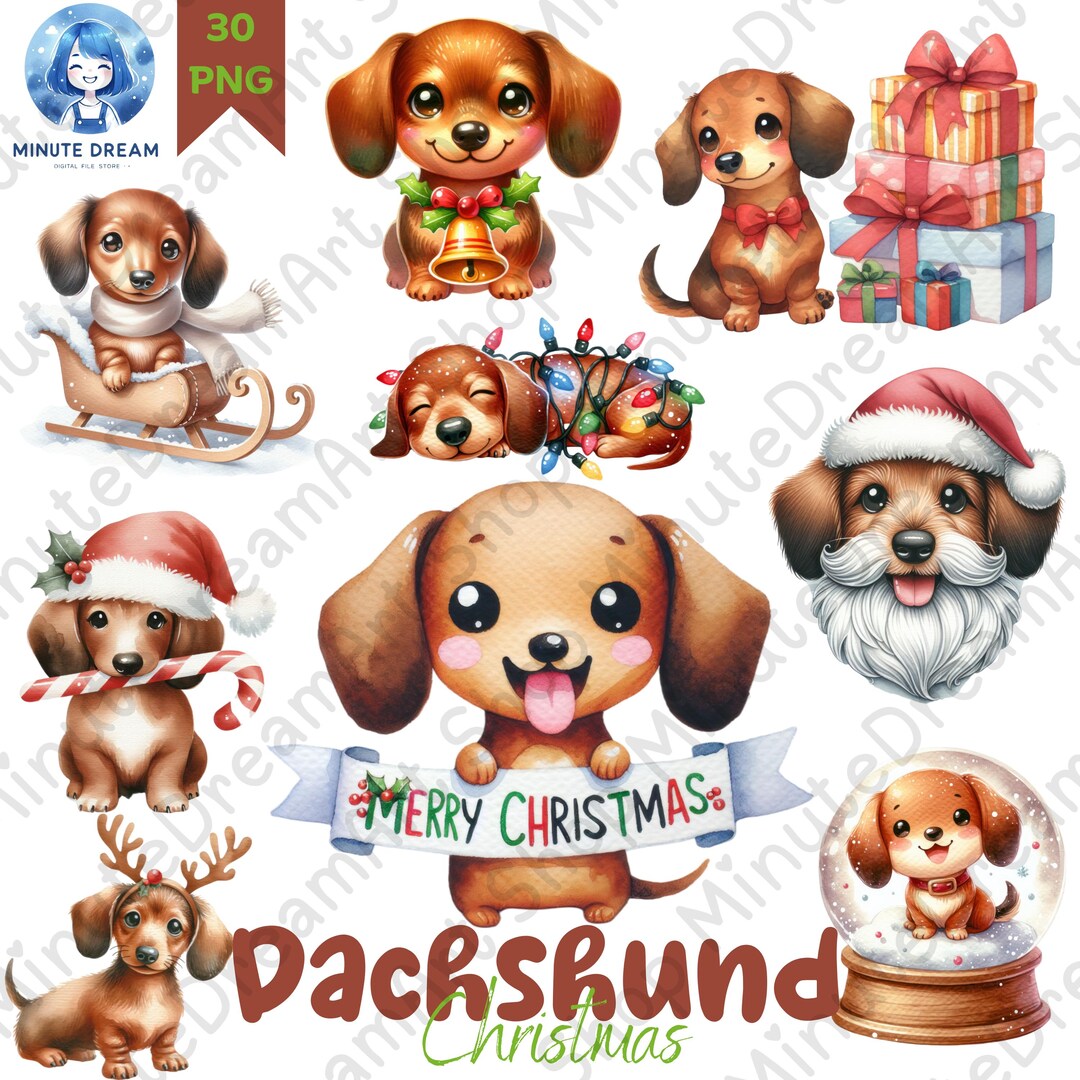 Dachshund Christmas Clipart, Kawaii Weiner Dog Holiday Png, Santa Hat ...