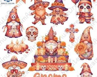 May include: A collection of watercolor illustrations featuring Day of the Dead gnomes. The gnomes are adorned with sugar skull designs, sombreros, and marigold flowers. The image includes candles, a cross, and the text "Gnome Day of the Dead".