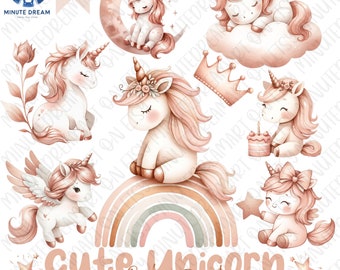 Cute Unicorn Clipart, Boho Rainbow, Baby shower Clipart, Baby Pastel Rainbows, nursery animal newborn, watercolor sublimation design,