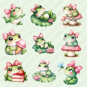 May include: Eight illustrations of cute green frogs wearing pink bows. Each frog is in a different pose and setting, including a lily pad, a mushroom, and holding an ice cream cone.