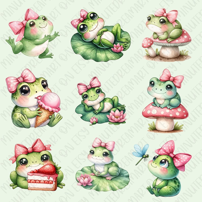 May include: Eight illustrations of cute green frogs wearing pink bows. Each frog is in a different pose and setting, including a lily pad, a mushroom, and holding an ice cream cone.
