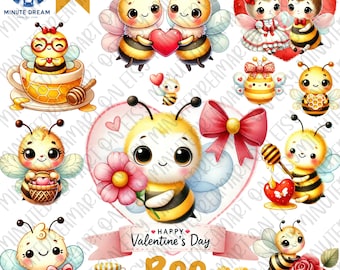 Bee Valentine Clipart, Cute Bee PNG png, Gift for KID, Watercolor Sublimation, honey Valentine's Day, Nursery, honeycomb, Insect Couple