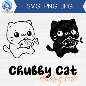 Joli chat joufflu SVG, png de petit chaton, tenant un poisson, PNG, JPG, fichier coupé pour Cricut, décoration de chambre d'enfant, clipart de dessin animé