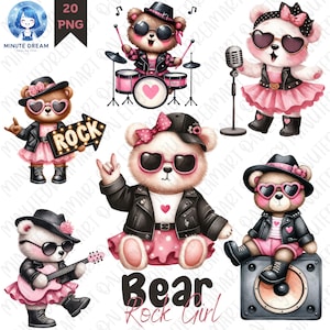 かわいいクマのクリップアート、ロックスターガール、水彩昇華、音楽愛好家、保育園、歌手、ミュージシャン、ベースギター奏者、エレクトリックピアニスト
