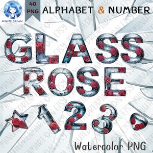 Vidro Água Rosa Alfabeto clipart, Letras Florais e Números PNG, Sublimação em Aquarela, A-Z, 0-9, Coração, Estrela, Elemento Decorativo de Casamento