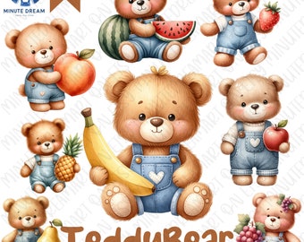 cute TeddyBear Clipart, Holding big fruit png, digital printing sublimation, Watercolor brown bear, apple, kiwi, orange, strawberry