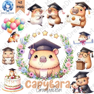Imágenes prediseñadas de graduación de carpincho, lindos carpinchos con diplomas (png), sublimación de acuarela, globos, pastel y birretes de graduación