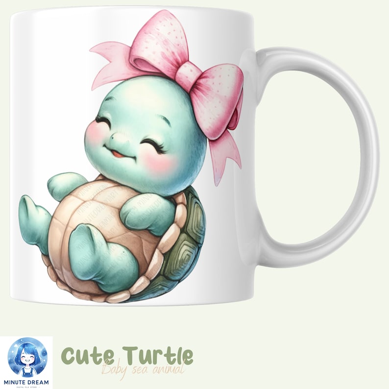 May include: A white ceramic mug with a cartoon illustration of a smiling, light blue turtle wearing a pink bow. The turtle is sitting on its shell. The text "Cute Turtle Baby sea animal" is printed below the image.