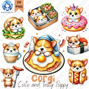 Puede incluir: Ilustraciones en acuarela de cachorros corgi en varios escenarios temáticos de comida. Incluye un corgi en un donut, un corgi en un rollo de sushi y un corgi en un perrito caliente. También está presente el texto "Corgi Cute and Tasty Puppy".