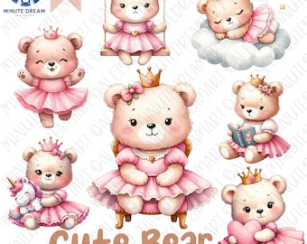 Cute Bear Clipart, teddy bear png, pink princess, watercolor sublimation, gift for girl, animal swing, heart balloon,  holding flower