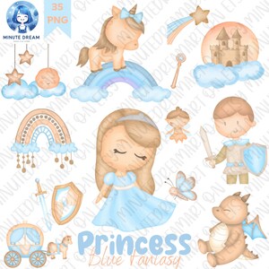 Blue Princess Clipart: Fairytale Girl PNG, Watercolor Sublimation (Digital Download)