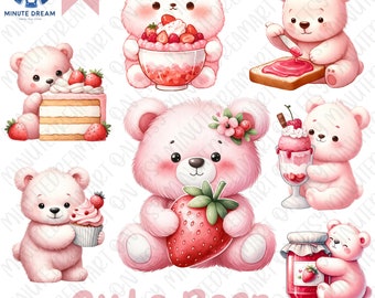 Strawberry Bear Clipart: Watercolor Dessert Teddy Bear PNG (Digital Download)