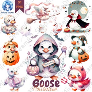 Goose Halloween Clipart, Cute ghost Goose png, Watercolor Sublimation, Pumpkin, Witch, Vampire, Ghost, Devil and Mummy for Trick or Treat