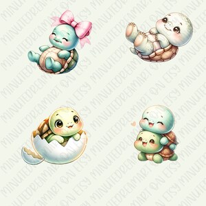 May include: Four illustrations of cute cartoon turtles. One turtle is wearing a pink bow and is sitting on a green leaf. Another turtle is on its back with its legs in the air. A third turtle is hatching from an egg. The last turtle is carrying another smaller turtle on its back.