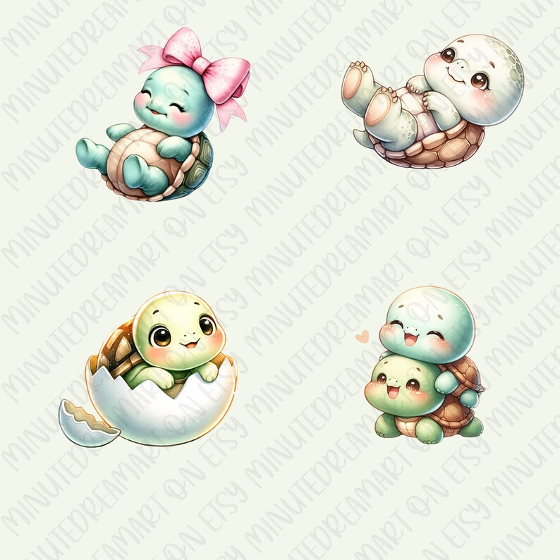 May include: Four illustrations of cute cartoon turtles. One turtle is wearing a pink bow and is sitting on a green leaf. Another turtle is on its back with its legs in the air. A third turtle is hatching from an egg. The last turtle is carrying another smaller turtle on its back.