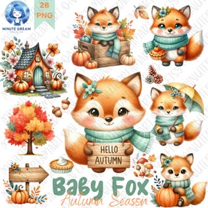 Niedlicher Fuchs Clipart, tragen einen grünen Schal, Herbst Saison png, Aquarell Sublimation, Kürbis, Holzschild, Pilz, Ahornbaum, Haus
