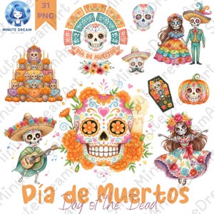 Día de Muertos Skull & Folk Art Clipart, Day of the Dead png, Sugar Skulls, Catrinas, Altar Festive, watercolor Sublimation