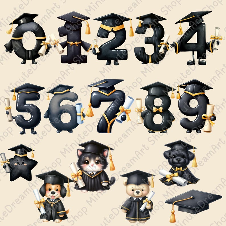 Graduation Clipart: Alphabet, Numbers & Animals - Watercolor PNG ...