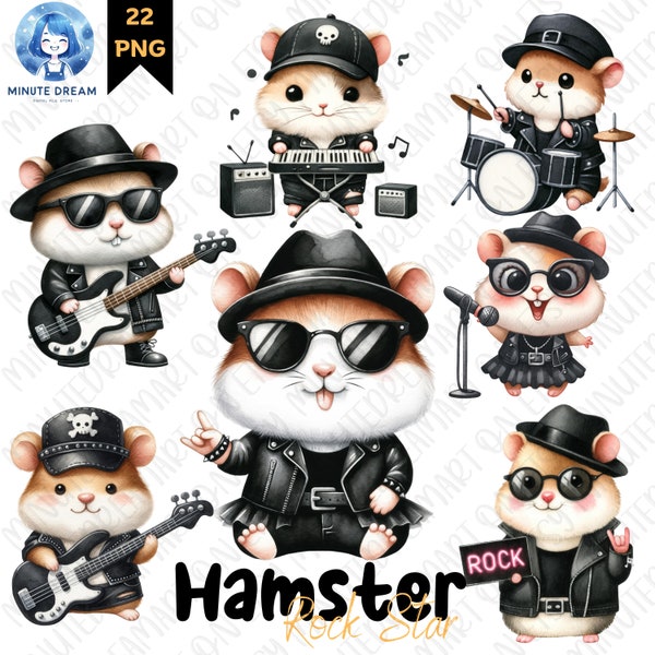 Cute Hamster Clipart, Rock Star, Watercolor Sublimation, Music lover, Nursery, singer, musician, bass guitar player, electric pianist