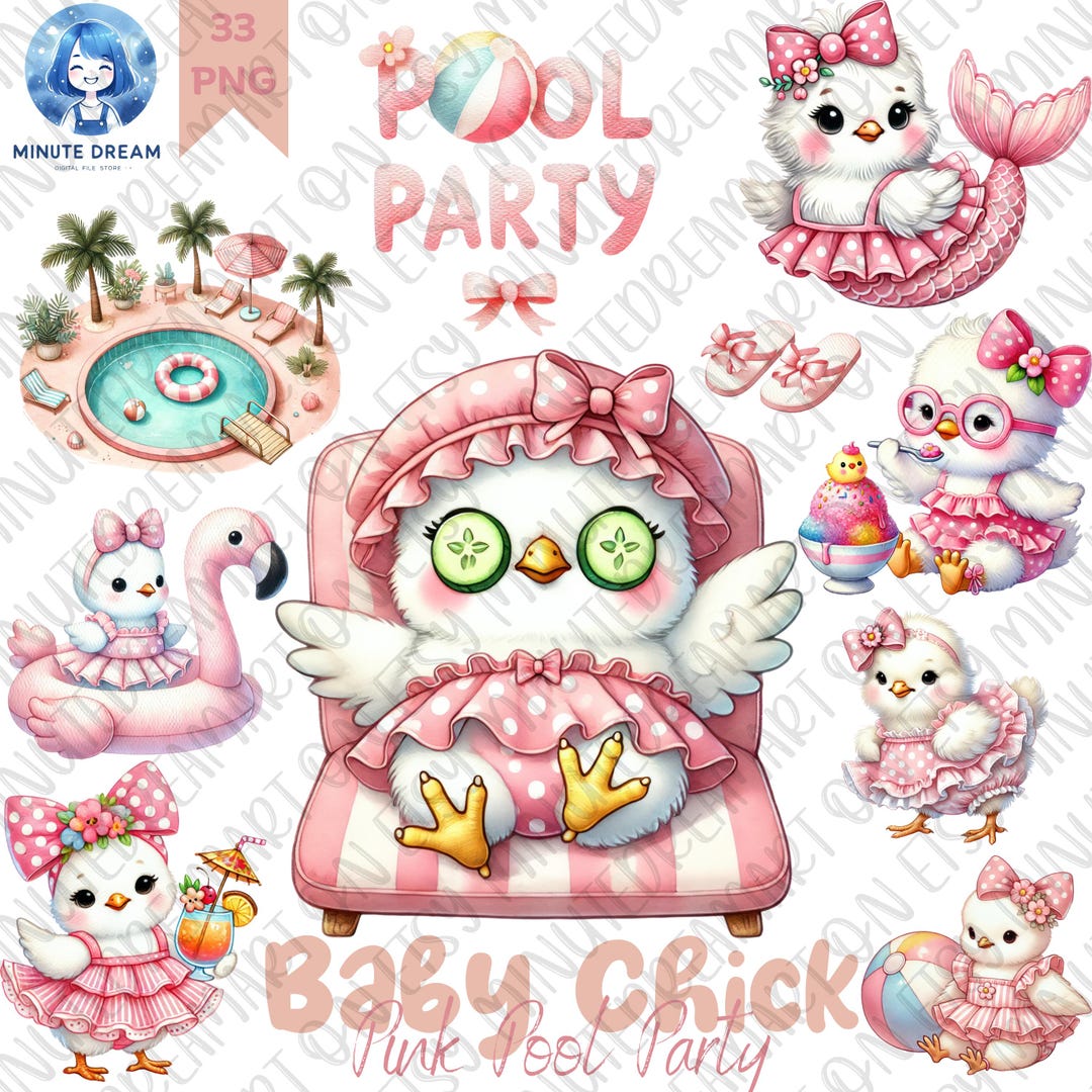 Baby Chick Pool Party Clipart, Cute Pink Summer Chick PNG, Watercolor ...